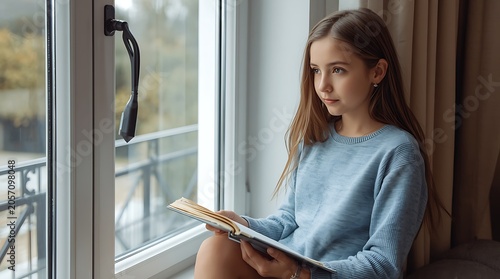 Young woman reading book by window.
