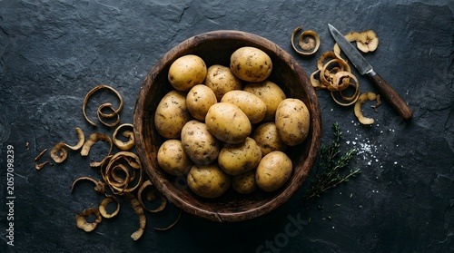 Fresh raw potatoes in a wooden bowl with peelings and a knife on a dark stone background