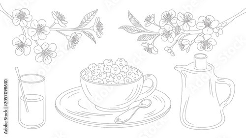 Hand Drawn Sketch of Coffee Cup and Blooming Branches Botanical Vector Illustration on White Background.