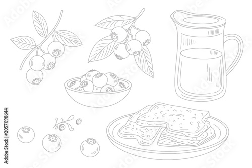 Hand Drawn Sketch of Blueberries and Breakfast Items Composition Vector Illustration on White Background.