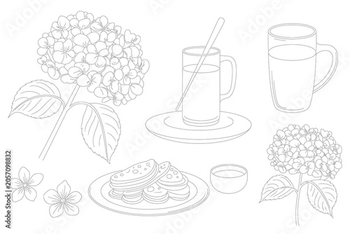 Line Art Illustration of Hydrangeas and Breakfast Food Still Life Vector Illustration on White Background.
