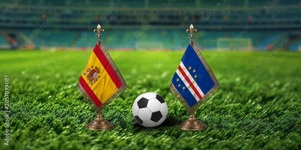 Fototapeta premium Spanish and Cape Verdean flags with soccer ball on green field
