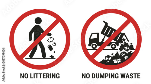 Standard red circular warning signs prohibiting littering and illegal waste dumping activities with clean graphic icons