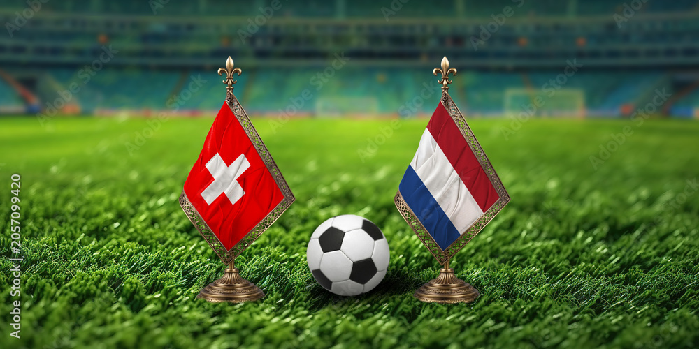 Fototapeta premium Swiss and Dutch flags with a soccer ball on green grass field