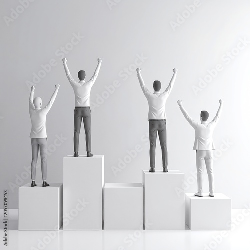 three people standing on top of a white podium