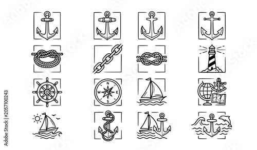 Fotografie Anchor Line Icon Set Nautical and Maritime Vector Illustration