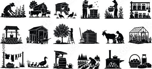 Foto WebHomesteading and organic farming icon set featuring gardening, farm animals,