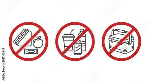 Three prohibited signs showing no food allowed no drinks permitted and no coolers allowed inside this specific public area today