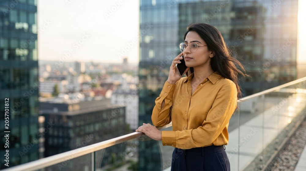 Fototapeta premium Young Businesswoman Talking on Phone on Modern City Rooftop at Sunset.