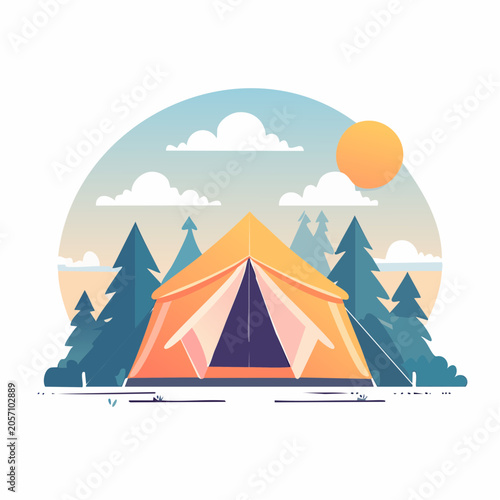 Illustration of a tent in a forest with sun and clouds