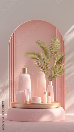 
Scene for showcase or cosmetic product presentation, in pink pastel colors, 3d rendering.