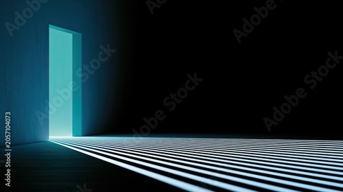 An open doorway casts a bright teal light onto a dark floor