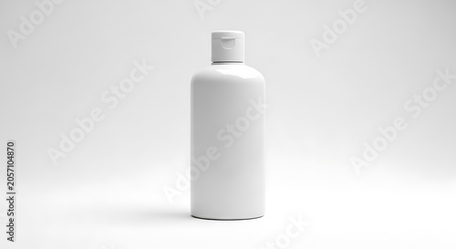Bottle mockup stands against a clean and bright studio background.