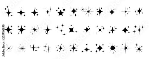 Sparkle icons set. Shining star symbols and twinkle shapes in simple solid style. Clean minimal glow and sparkle collection for decorative elements, highlights and magical light effects - stock vector