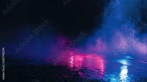 Ethereal, glowing mist swirls across a wet, reflective surface under neon lights
