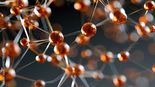 Abstract network of glowing amber spheres connected by thin metallic rods