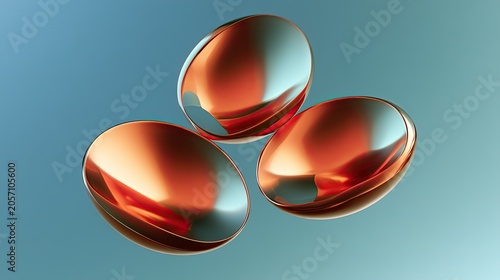 Three metallic, oval-shaped objects shimmer with warm light against a gradient sky