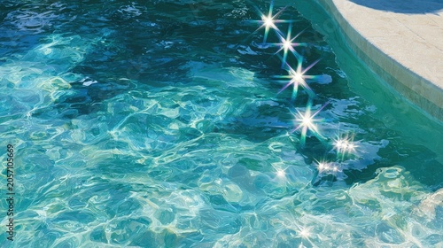 Close-up of sparkling blue pool water, light reflecting in starbursts