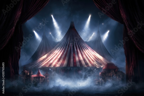 Dramatic circus tent illuminated by spotlights, shrouded in mystical fog