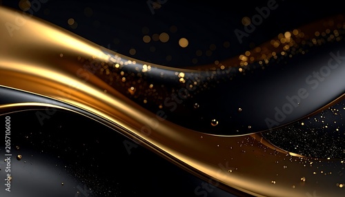 A golden liquid wave on a black background with gold particles