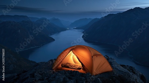 Illuminated tent sits atop a rocky mountain overlooking a vast, dark fjord at dusk