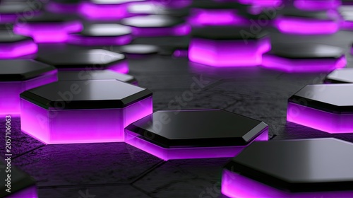 Dark hexagonal shapes with glowing purple light emanating from beneath