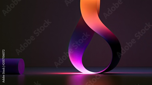Abstract gradient ribbon loops and cylinder against dark background
