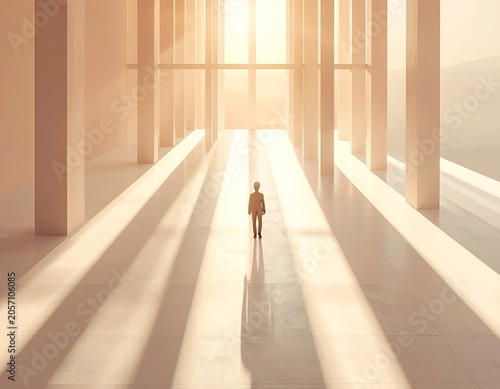 A lone figure walks down a long, bright hallway with columns