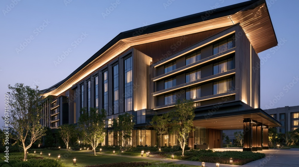 Fototapeta premium Illuminated modern hotel exterior with curved roofline at twilight