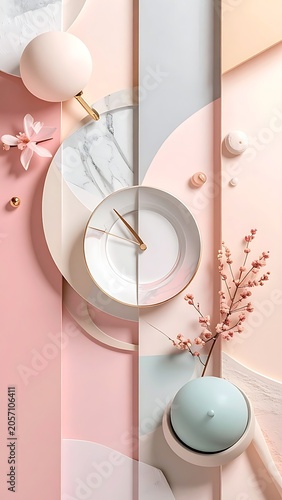 A pastel-colored still life with clock and flowers