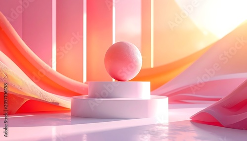 A pink and orange 3D rendering of a sphere on a pedestal