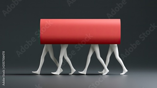 Surreal art A red cylinder rolls on four white human legs