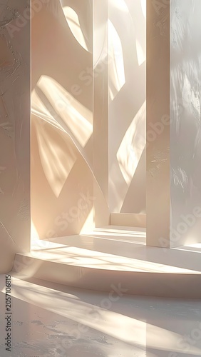 A serene interior scene with sunlight casting abstract shadows