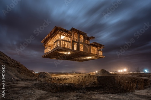 Modern house suspended in dark, cloudy sky above construction site
