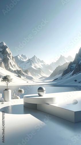 A serene snowy landscape with abstract shapes