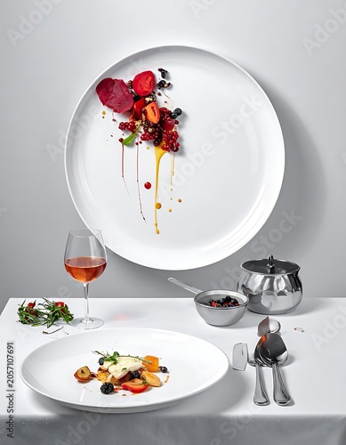 A table setting with elegant dinnerware and wine
