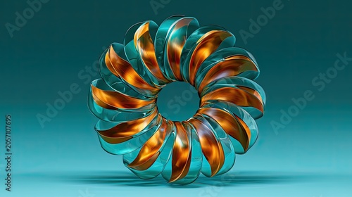 A luminous, toroidal sculpture with translucent blue and coppery segments