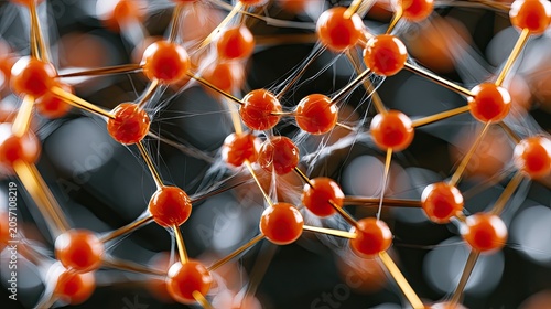 Abstract network of interconnected glowing orange spheres and golden lines
