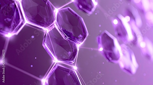 Abstract purple hexagonal crystals interconnected by glowing light strands