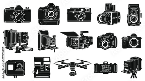 Photography Cameras Glyph Icons Collection. Vintage, Digital, Action, and Drone Camera Set in Black  White.