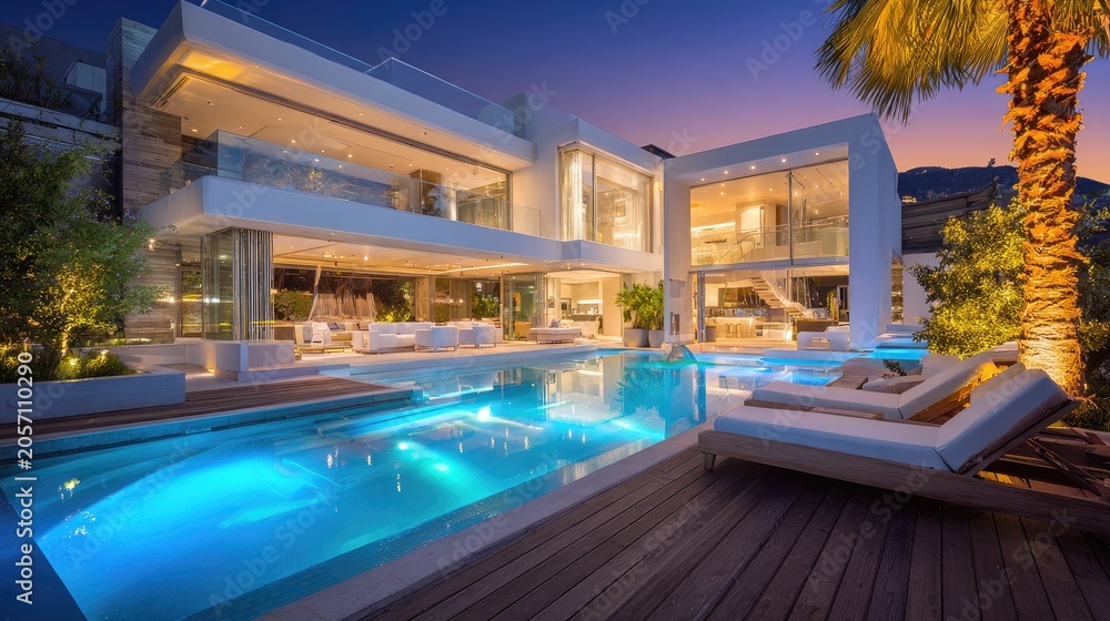 Fototapeta premium Luxurious modern villa with infinity pool at twilight, tropical setting