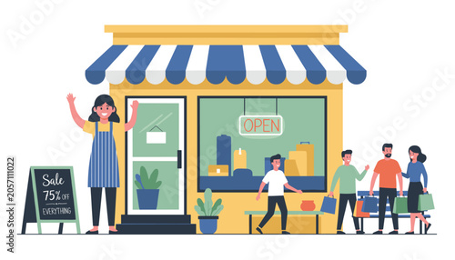 Friendly shopkeeper waving outside a small retail store while customers carry shopping bags on a bright and sunny summer day.