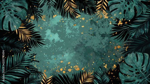 Canvastavla Tropical Foliage Frame A Detailed Vector Illustration With Gold Accents botanica