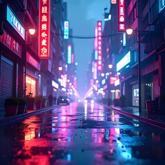 A dark, rainy city street with neon signs
