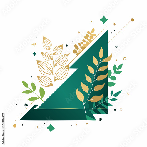 Abstract Geometric Design with Gold and Green Leaves