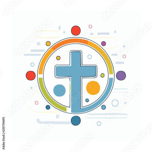 Christian cross symbol with colorful circle and dots