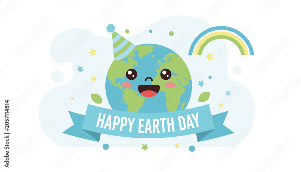 Naklejka premium Cute cartoon earth wearing a party hat celebrates happy earth day with a rainbow for environmental awareness.