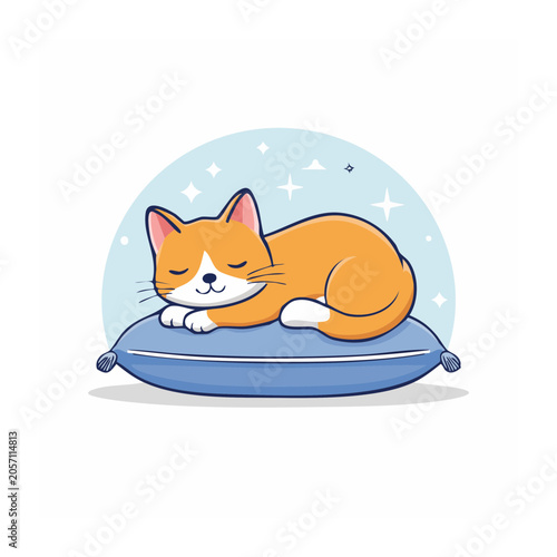 Cute cartoon cat sleeping peacefully on a blue pillow