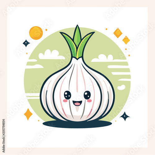 Cute Kawaii Garlic Character with Happy Face