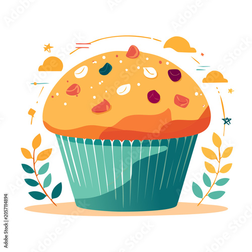 Flat design illustration of a muffin with berries and nuts
